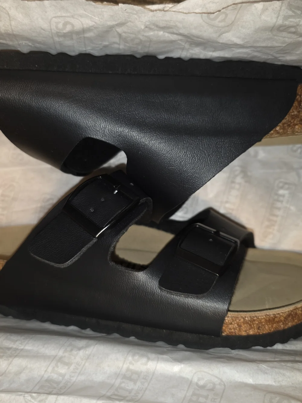 SMITH Black Double-Strap Buckle Sandals with Tan Footbed